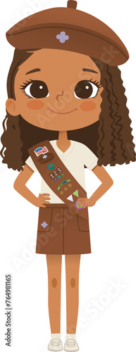 Smiling African American girl scout wearing sash with badges isolated on white background. Female scouter, Brownie ligue Scout Girls troop