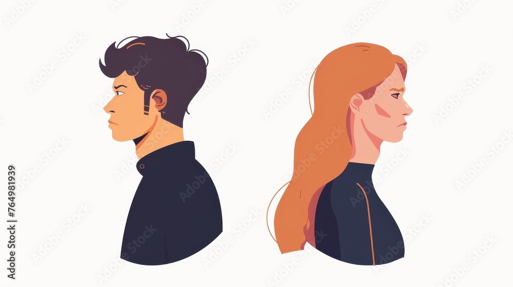 Breakup, divorce, conflict concept. Man and woman looking in opposite directions, with opposite visions. Partners split in relationship. Flat modern illustration isolated on white. Breakup, divorce, conflict concept. Man and woman looking in opposite directions, with opposite visions. Partners split in relationship. Flat modern illustration isolated on white.