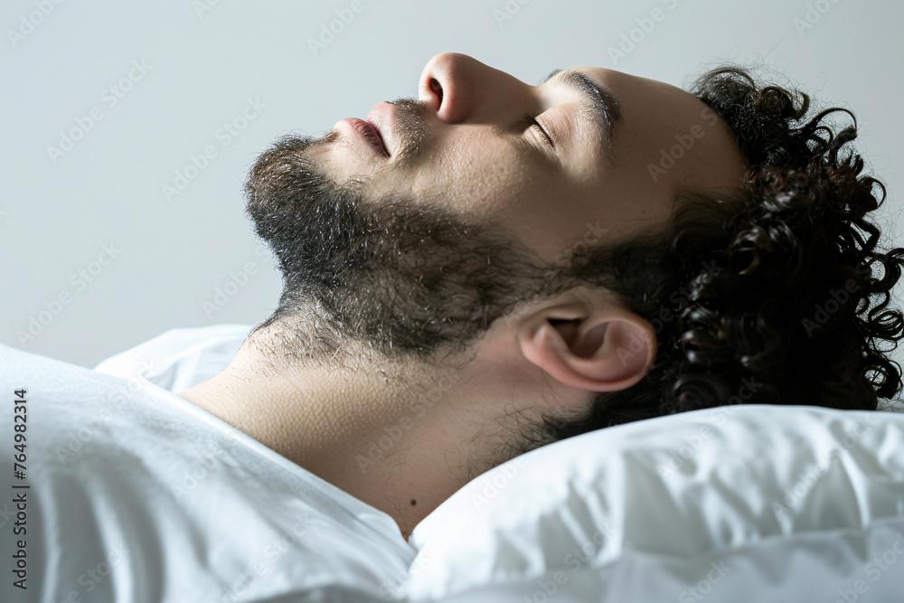 Fototapeta premium Side view of a curly-haired man sleeping peacefully