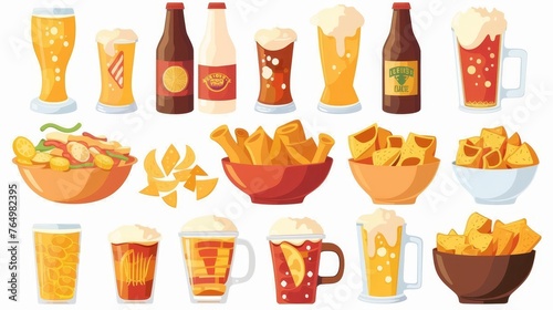 There are alcohol drinks in bottles, glass mugs, cans, and fast food in bowls. Appetizers, potato chips, nachos, French fries. Flat modern illustrations isolated on white backgrounds.