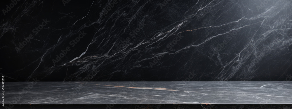 Empty table marble granite black countertop on black wall marble texture background. High quality photo Empty table marble granite black countertop on black wall marble texture background. High quality photo