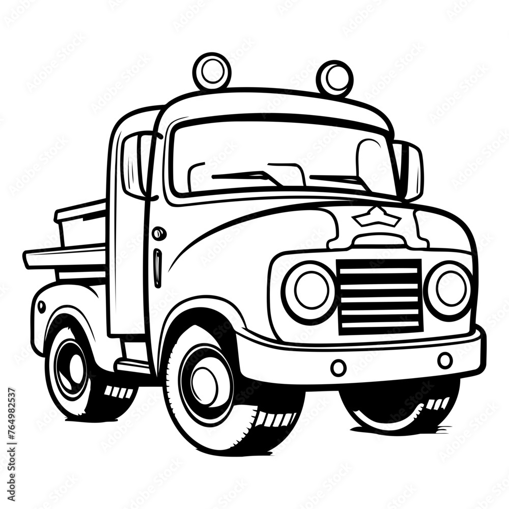 Vector illustration of Pickup truck on white background. Hand drawn doodle style.