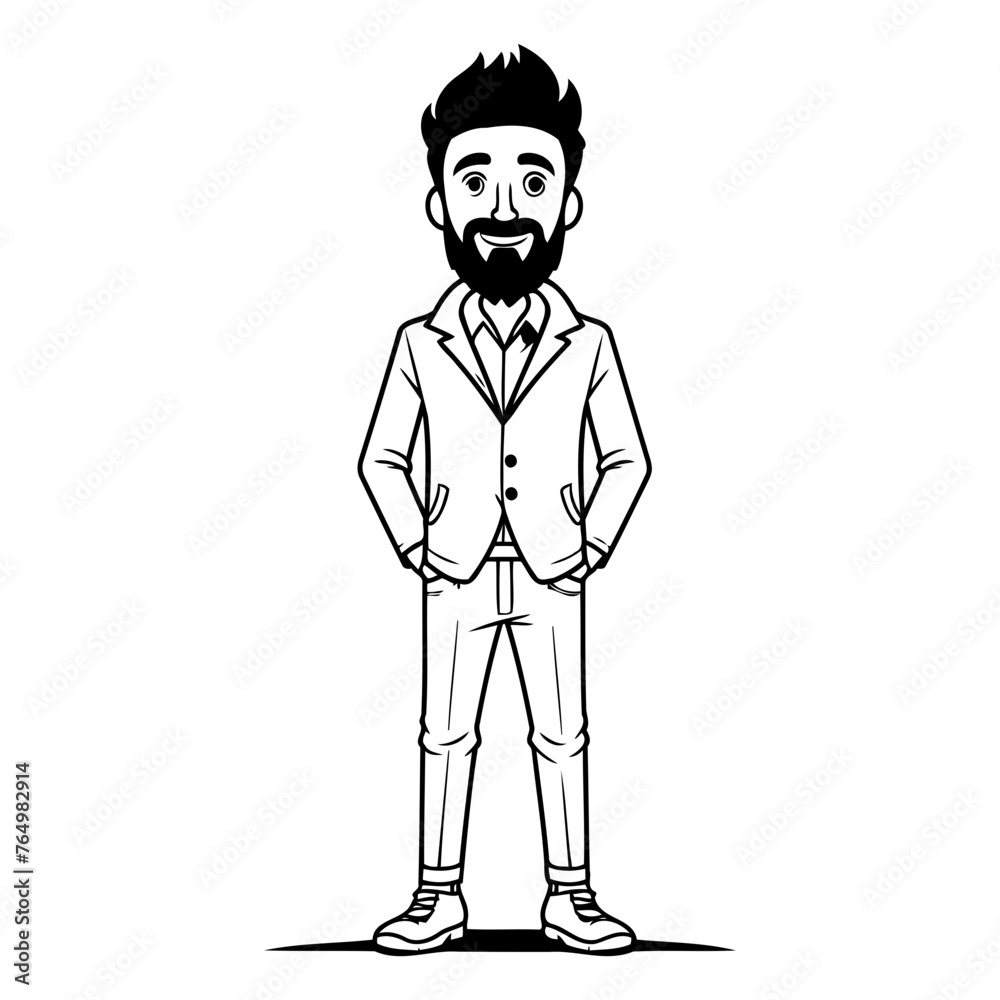 young man with beard cartoon vector illustration graphic design in black and white