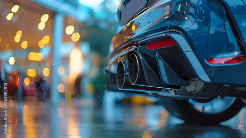 Sporting car's dual exhaust tip muffler pipe in up-close, with the dealership in the backdrop, space, car showroom on background. back of black car, Generative Ai  © xpert