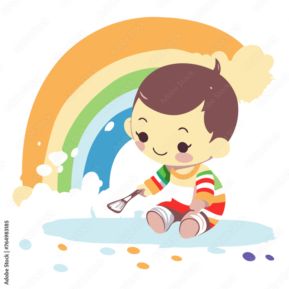 Illustration of a Cute Little Kid Playing in the Snow with a Rainbow