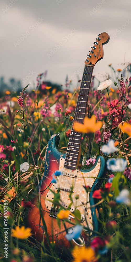 Fototapeta premium Mobile vertical wallpaper photograph of playing tennis at a field full of blooming colorful flowers. Story post.