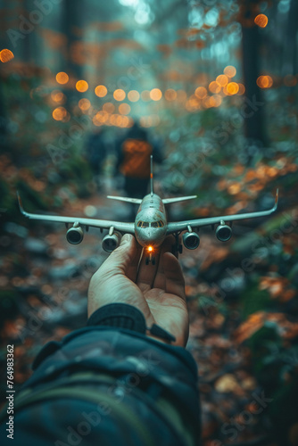 Hand holding a model airplane evoking dreams of travel photo