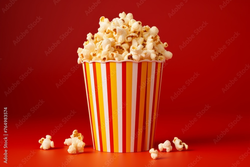 Close-up of large cinema popcorn cup filled to the brim for movie theater snacking experience