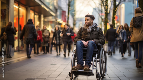 Stylish Young Man in Wheelchair Against Urban Backdrop