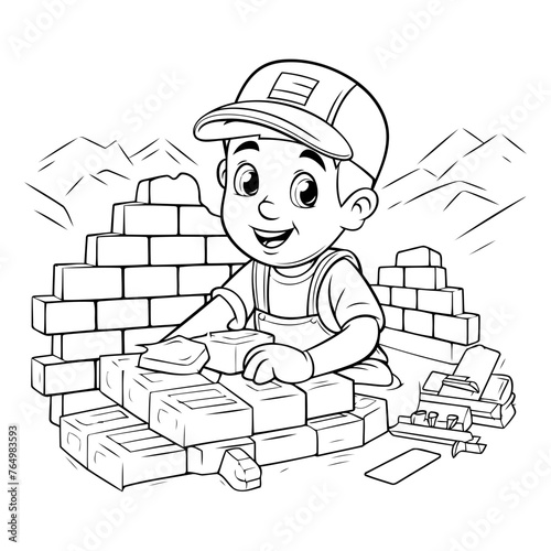 Cartoon boy building a brick wall for coloring book