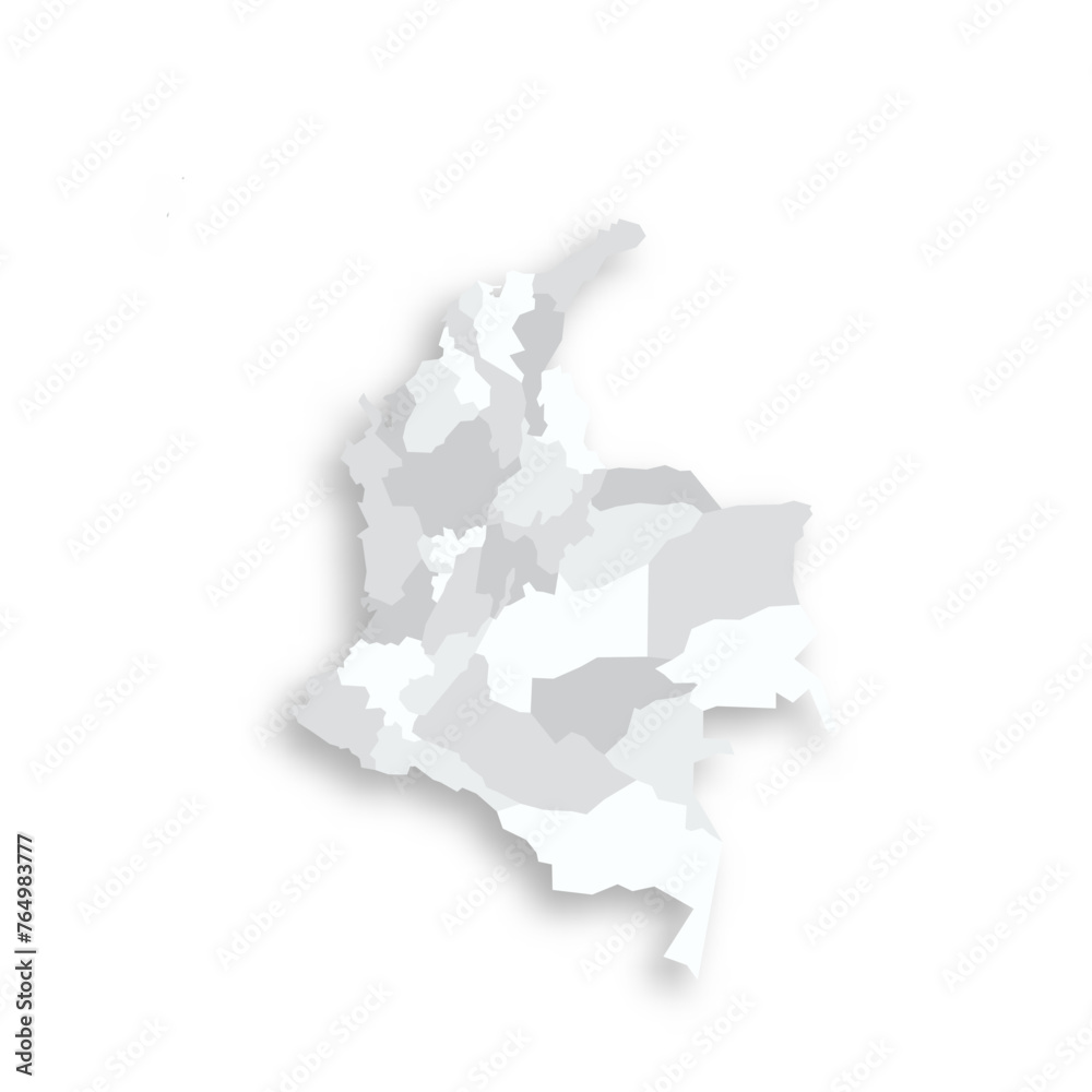 Colombia political map of administrative divisions - departments and capital district. Grey blank flat vector map with dropped shadow.