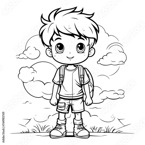 Black and White Cartoon Illustration of Cute Little Boy Traveler Character for Coloring Book