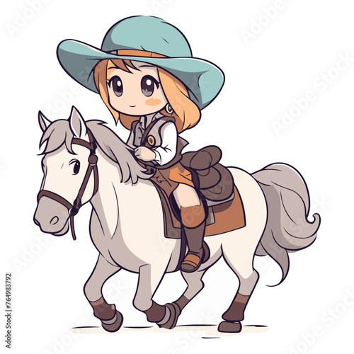 Illustration of a Cute Little Girl in Cowboy Hat Riding a Horse