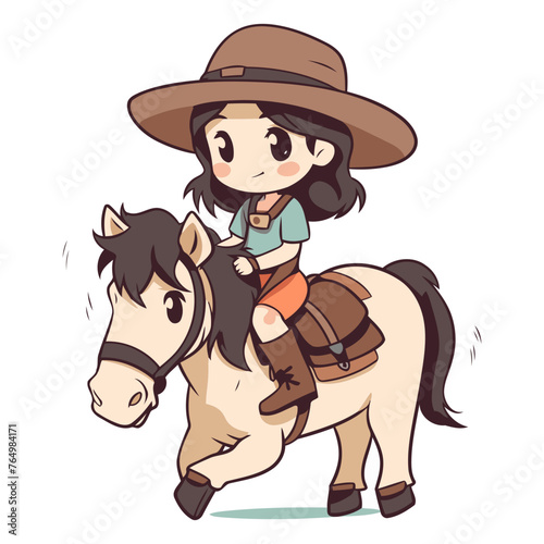 Illustration of a Cute Little Girl Wearing a Cowboy Hat and Riding a Horse