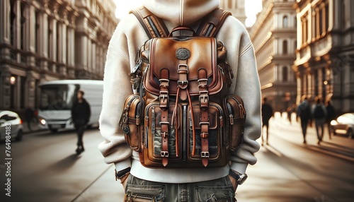 Casually dressed young man with a stylish backpack, a close-up showcasing the blend of urban life and the spirit of travel. photo