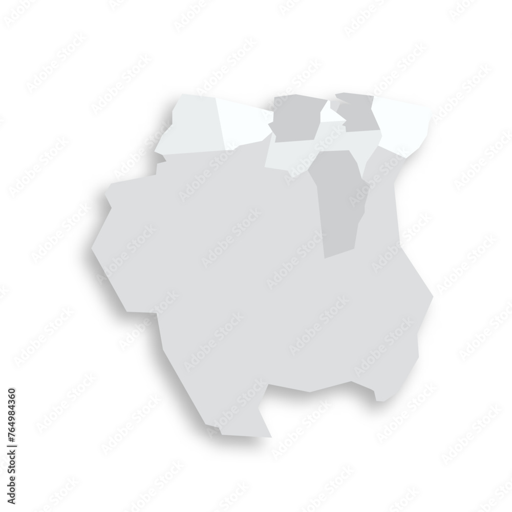 Suriname political map of administrative divisions - districts. Grey blank flat vector map with dropped shadow. Suriname political map of administrative divisions - districts. Grey blank flat vector map with dropped shadow.