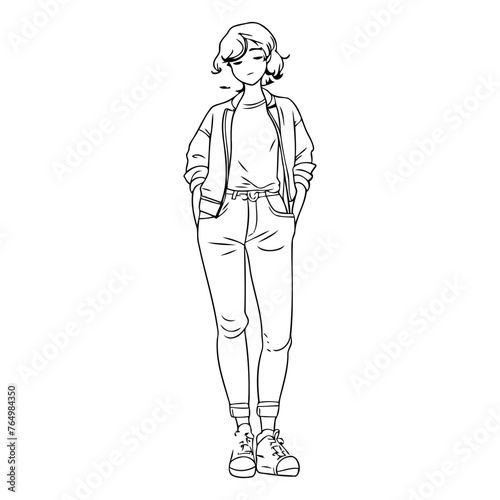 Stylish young woman in casual clothes. Vector sketch illustration isolated on white background