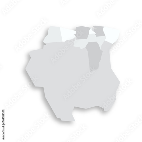 Suriname political map of administrative divisions - districts. Grey blank flat vector map with dropped shadow.