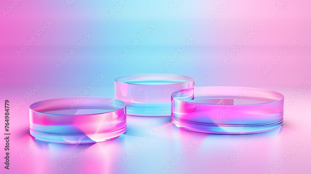 An abstract scene with holographic glass cylinder shapes on a holographic background. Flying fluids of pink, blue, and pastel colors. Modern illustration. An abstract scene with holographic glass cylinder shapes on a holographic background. Flying fluids of pink, blue, and pastel colors. Modern illustration.
