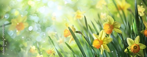 Beautiful Panoramic Spring Nature background with Daffodil Flowers in fresh spring garden