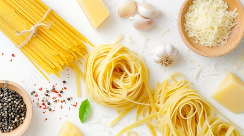 Fettuccine and spaghetti with ingredients for cooking pasta on a white background