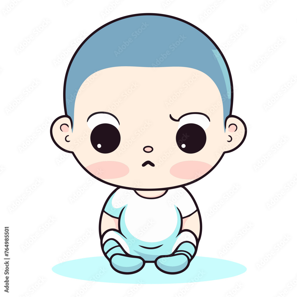 Cute baby boy with blue eyes sitting on floor.