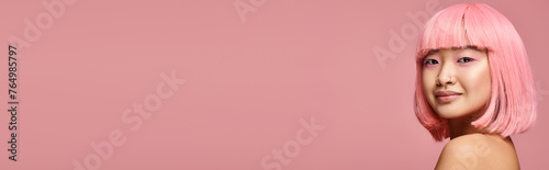 banner of cute asian girl in her 20s with nose piercing, pink hair and makeup on vibrant background