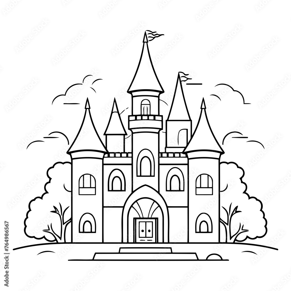 Castle in the forest. Outline illustration for coloring book.