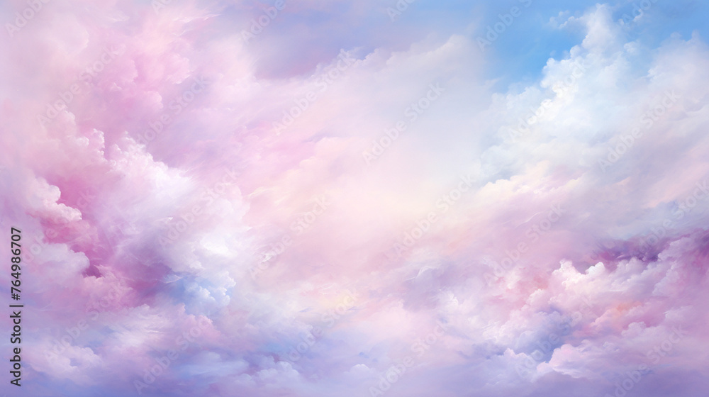 Obraz premium Soft Pink Clouds on Pastel Blue Sky, Watercolor Cloud Background with Copy Space