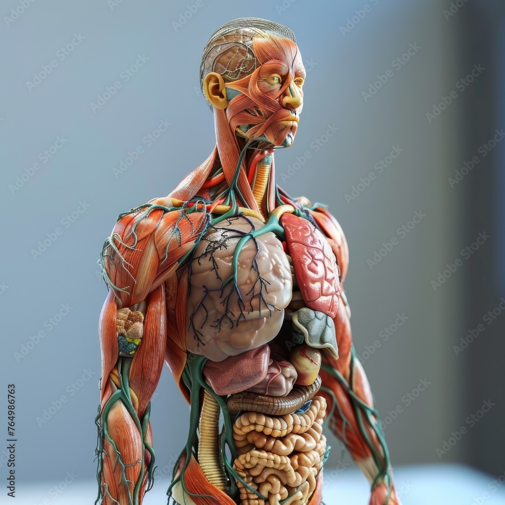 A realistic 3D model showing human musculature and internal organs ...