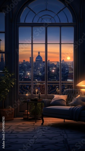 a stylish interior scene at dusk. Interior design 