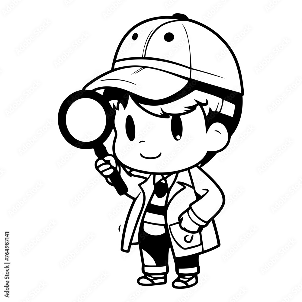 Boy detective with magnifying glass cartoon vector illustration. Cute boy detective character.