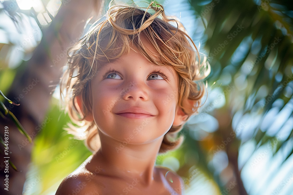 Boy on a tropical island, child at a seaside resort, palm tree scenery. Boy on a tropical island, child at a seaside resort, palm tree scenery.