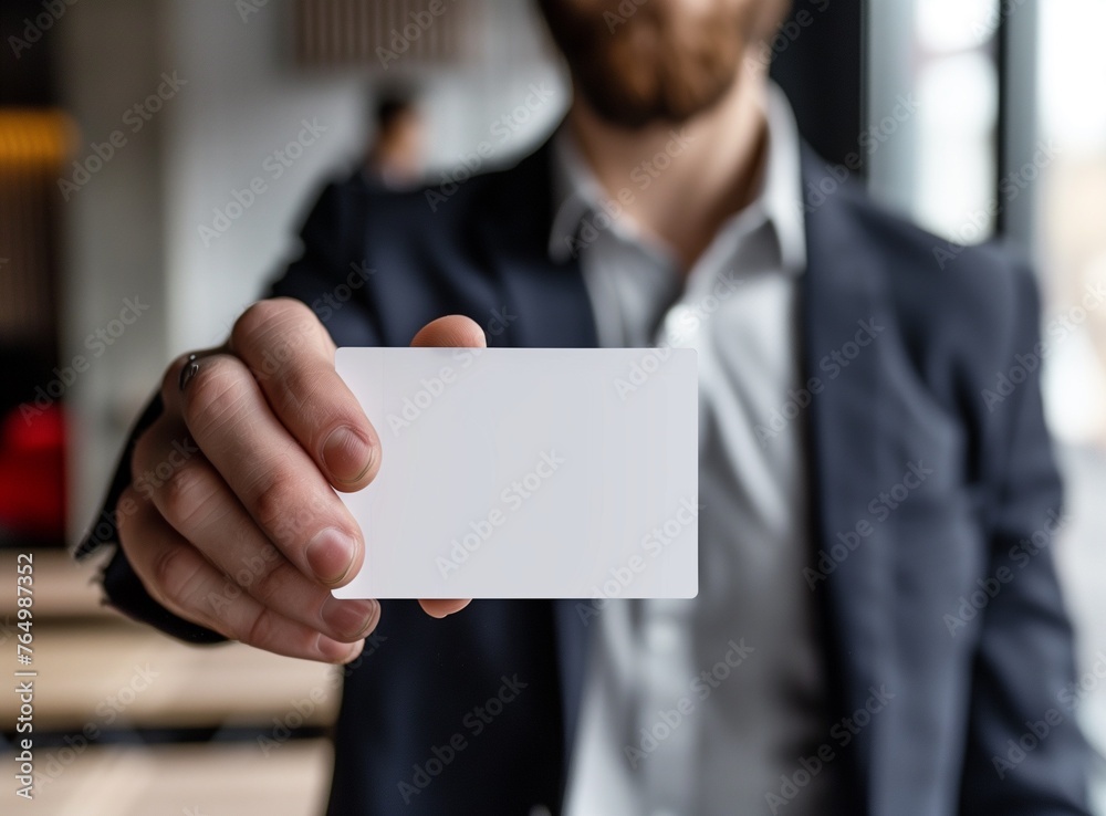 Close up of young man holding blank business card, mockup for design template, real estate agent presenting his work in an office copy space. Blurred Background. Corporate Private Information Close up of young man holding blank business card, mockup for design template, real estate agent presenting his work in an office copy space. Blurred Background. Corporate Private Information