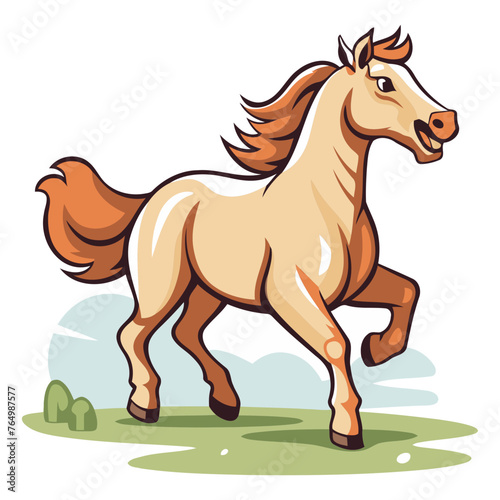 Horse running on the green meadow. Cartoon vector illustration.