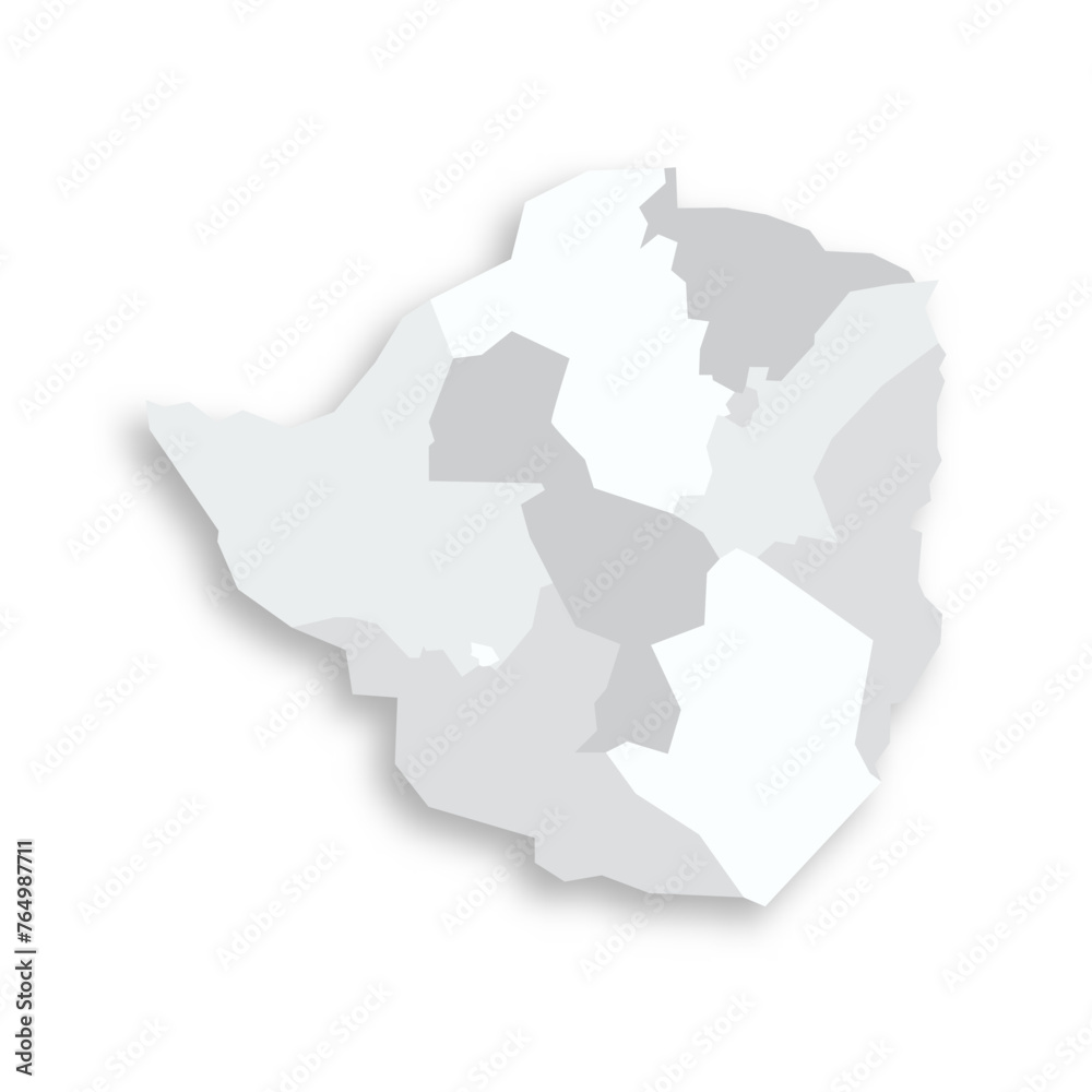 Zimbabwe political map of administrative divisions - provinces. Grey blank flat vector map with dropped shadow.