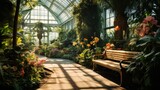 Sunlit conservatory walkway with vibrant plants and sitting bench