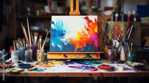 Vibrant abstract painting on easel in bright art studio
