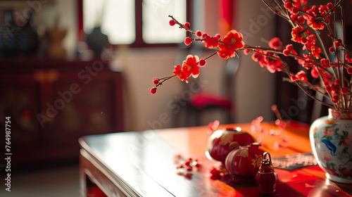 a photo was taken in a real-life desk,corner of anempty table,red chinese decoration. Interior design