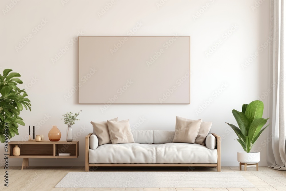 Minimalist home interior with white sofa and empty frame on wall Minimalist home interior with white sofa and empty frame on wall