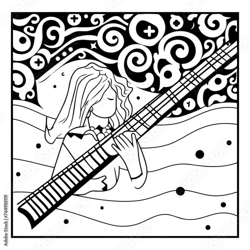 Black and white illustration of a girl playing the electric guitar. Adult coloring page.