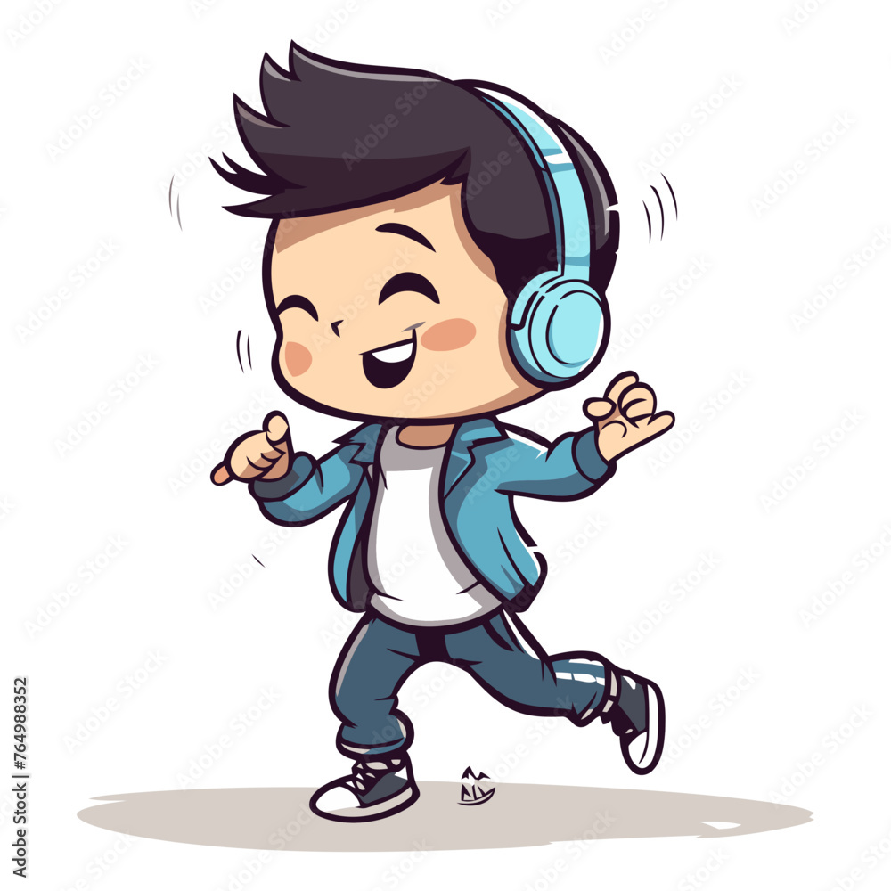 Cute boy with headphones listening to music. cartoon vector illustration.