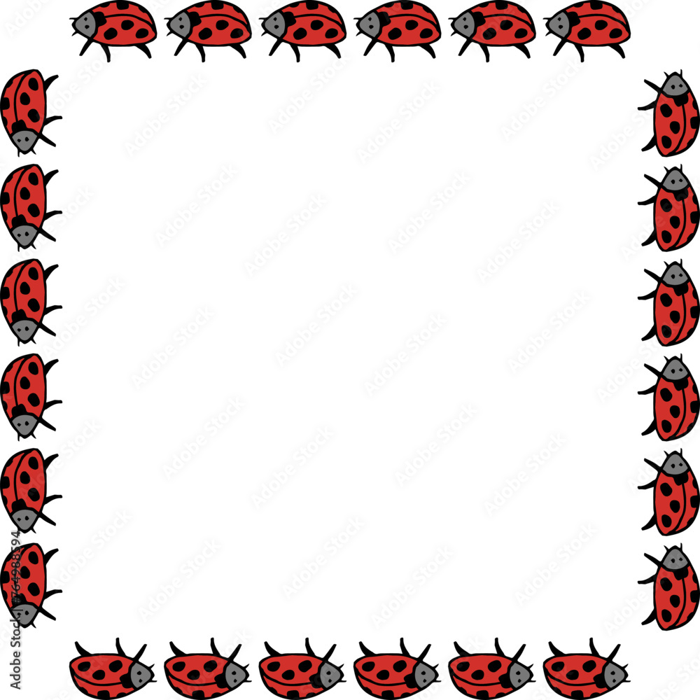 Square frame with wondrous ladybugs on white background. Vector image.