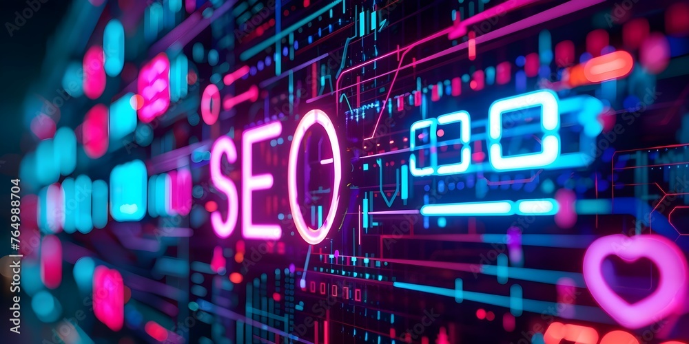 SEO data analysis tools displayed on vibrant neon ultraviolet digital screen. Concept SEO Analysis, Data Tools, Neon Screen, Digital Display, Ultraviolet Colors