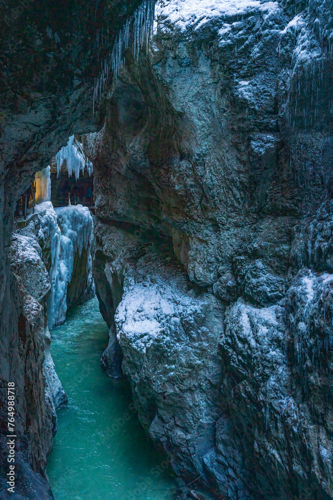 A Winter walk through the Partnachklamm canyon with iceicles A Winter walk through the Partnachklamm canyon with iceicles