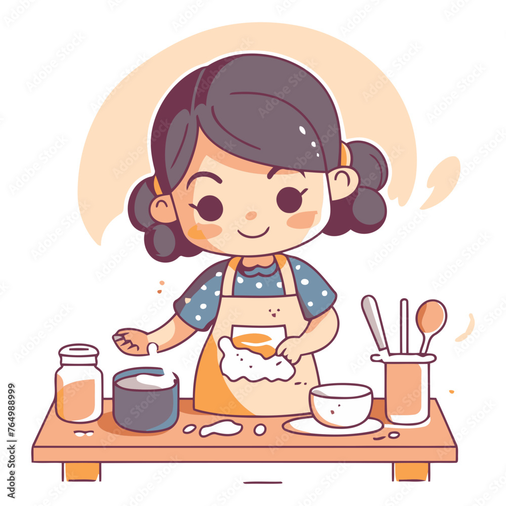 Cute little girl baking cookies in the kitchen.