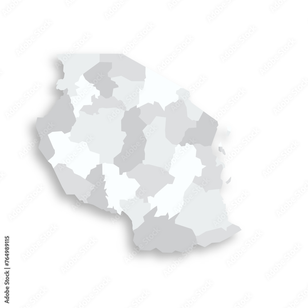 Tanzania political map of administrative divisions - regions. Grey blank flat vector map with dropped shadow.