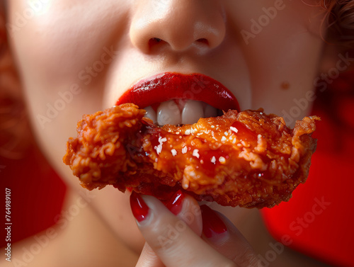 Sensual Red Lips Tasting a Spicy Chicken Wing
