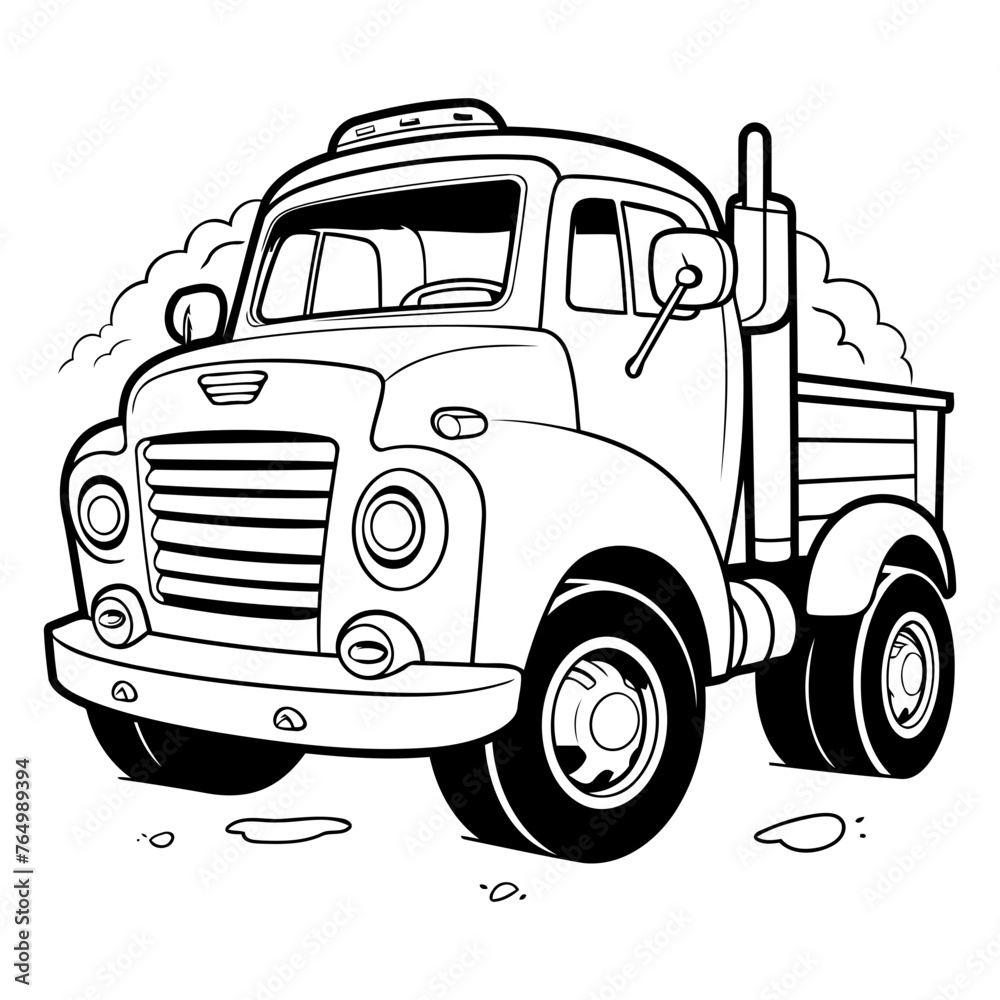 Truck on the road. Black and white vector illustration for coloring book