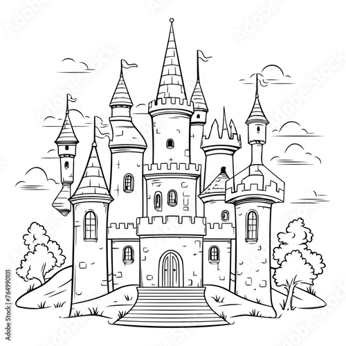 Castle. Fairy tale castle. Black and white vector illustration.